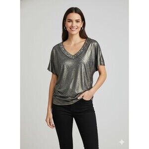 ALK Women's S Rock & Republic Metallic Studded Ruched Side V Neck Bklouse Top